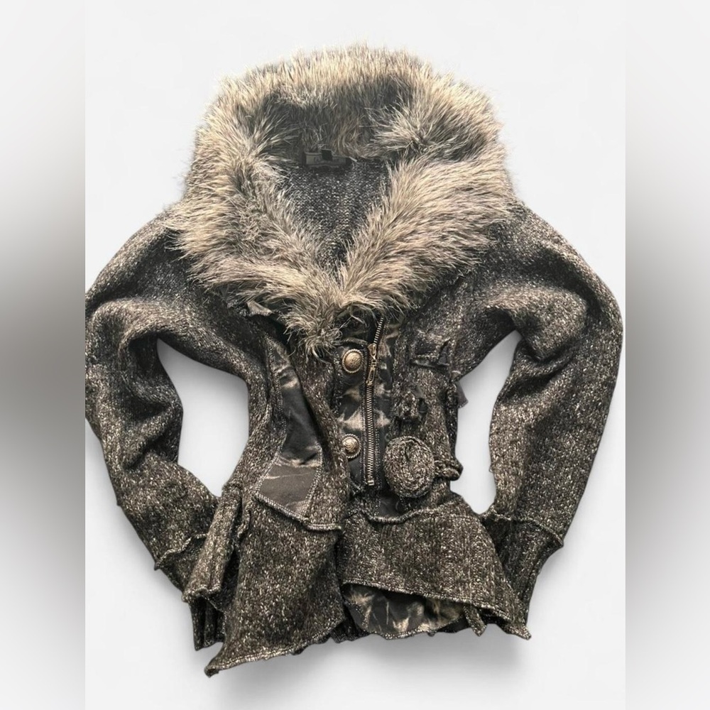 Grey Utility Sweater with Faux Fur Collar | Size Large